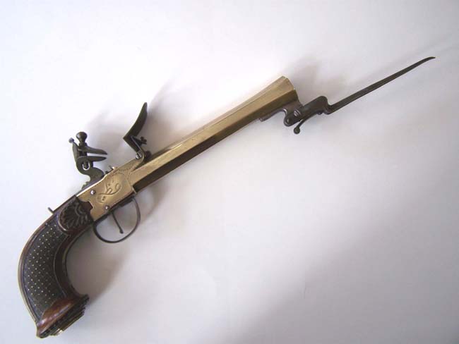 A Fine Cased Belgium made Flintlock Box-Lock Pistol with Spring Bayonet circa 1800 — image 7